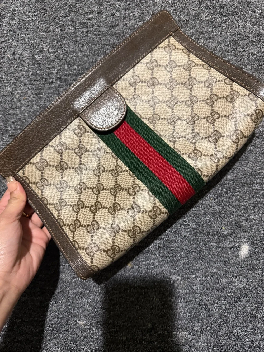 Gucci GG Supreme Web Stripe Clutch in Brown/Tan